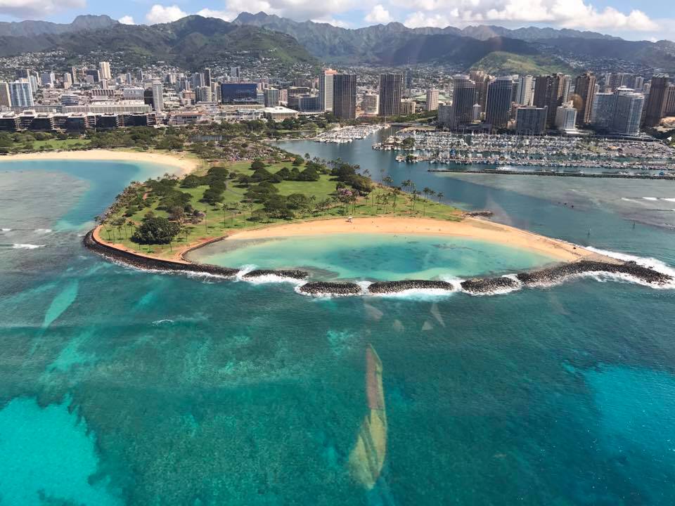 Aerial view of Magic Island lagoon at Ala Moana Beach Park, Oʻahu